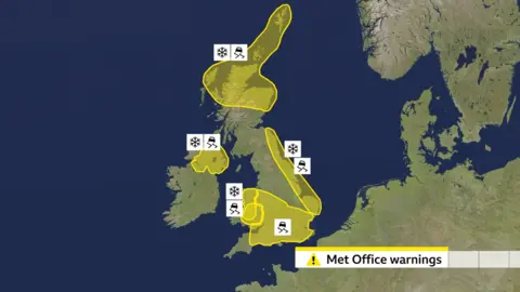 A BBC map showing where Met Office yellow warnings are in place. Northern Ireland is almost completely covered in yellow, as is northern Scotland and eastern, central and the majority of southern England.  