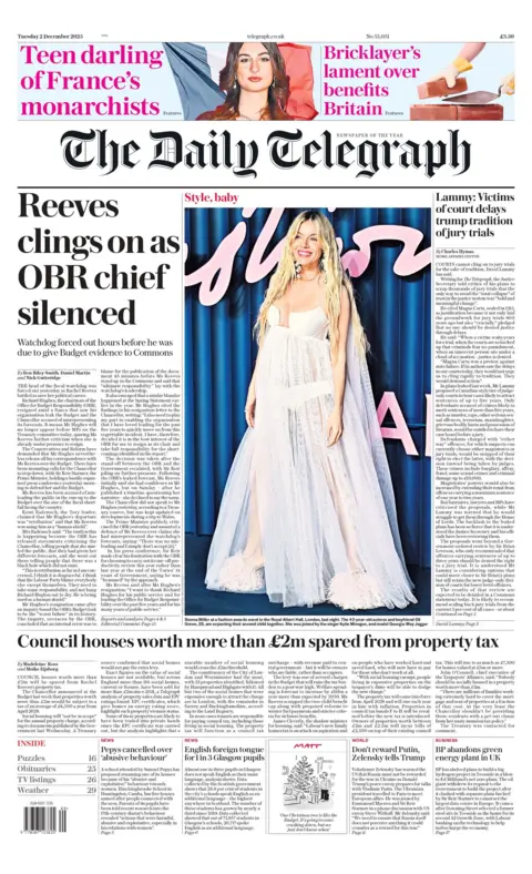 "Reeves clings on as OBR chief silenced" reads the headline on the front page of The Daily Telegraph.