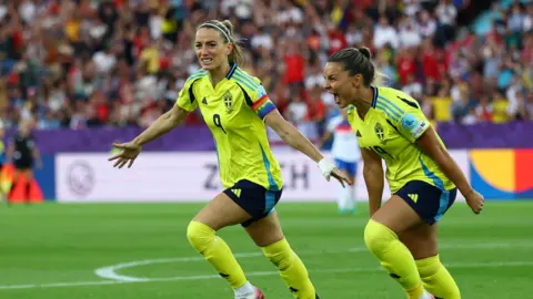 Sweden's Kosovare Asllani celebrates scoring their first goal with Sweden's Johanna Rytting