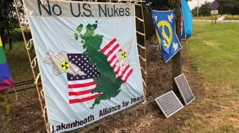 Anti-nuclear signs outside RAF Lakenheath