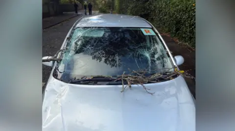 Handout A silver car with broken windows. There is a branch stuck in the windscreen. 