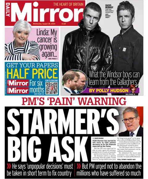 Il titolo in prima pagina del Daily Mirror recita: "La grande richiesta di Starmer..." "L'avvertimento del primo ministro 