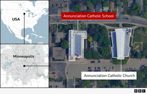 Three maps shown. On the top left, is where Minneapolis is located in the USA, the bottom left shows where the Annunciation Catholic Church is in Minneapolis. On the right, is a bird's eye view of the street, with the church on the left of the image and the school on the right.