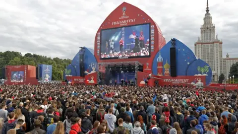 Getty Images People attend the opening of the FIFA Fan Fest on Vorobyovy Gory (Sparrow Hills) ahead of the 2018 FIFA World Cup.