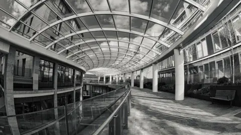 Angela Duncan A black and white photo of an empty shopping mall with a glass roof 