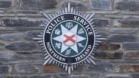 A PSNI badge on a stone wall. The badge has a red cross in the middle and is surrounded by icons that are of a fern, torch, harp, clover, scales and a crown. The badges' outer circle is made up from silver spikes. 