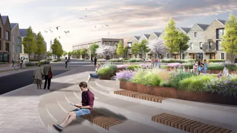 Blackpool Council A computer generated image shows people walking around the regenerated area, with Blackpool Tower in the background. Flower beds and steps can be seen, with three-storey buildings seen to either side.