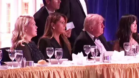 Karoline Leavitt, Melania Trump and Donald Trump looking concerned