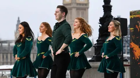 PA Irish dancers perform on Tourism Ireland's 'greenest' dance floor, a pop-up kinetic dance floor on London's South Bank
