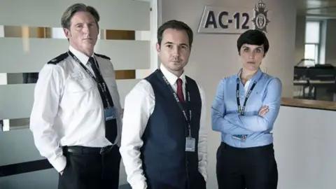 BBC Adrian Dunbar, Martin Compston and Vicky McClure in Line of Duty