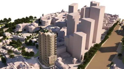 Abri A CGI showing the tower block in relation to others in Woking town centre