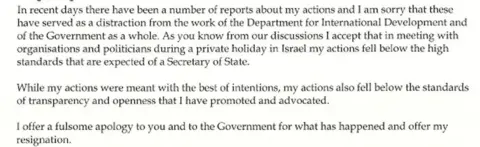 PA Extract from Priti Patel's resignation letter