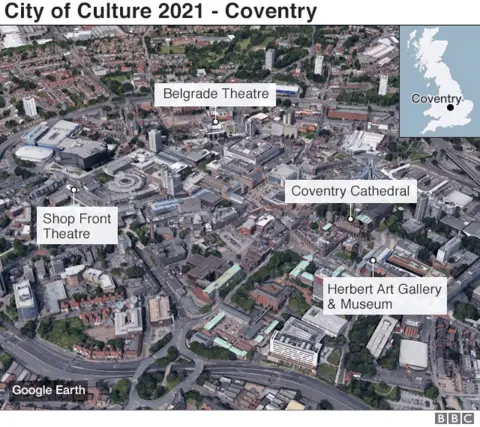 Google/BBC Map of Coventry showing cultural sites