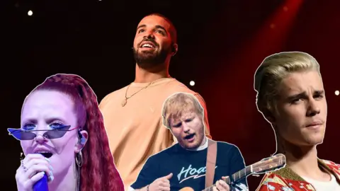 Getty Images Jess Glynne, Justin Beiber, Drake and Ed Sheeran