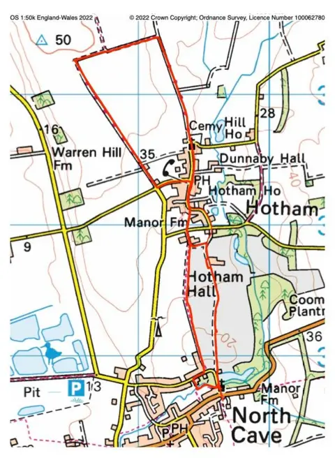 Crown Copyright An ordnance survey map showing the detailed route of the Hotham circular walk