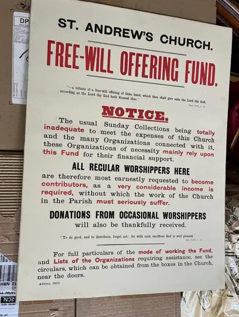 Elizabeth Amias poster with words on it such as: the usual sunday donations being totally inadequate to meet the expenses of this church.... are earnestly requested to become contributors. 