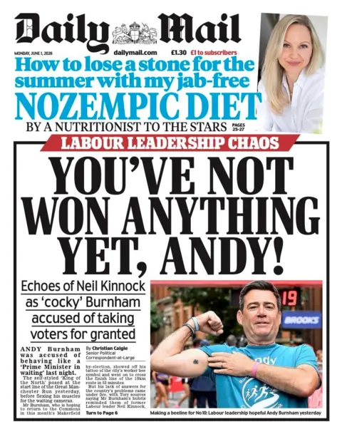 The Daily Mail headline reads 'You've not won anything yet, Andy'
