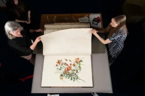 Claire McDade, Heritage Lead, and Clare Harrison, Library and Heritage Manager, turning the page of Audubon book.