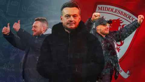 A graphic showing multiple images of Middlesbrough boss Kim Hellberg