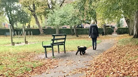 A woman walks in a park with a black dog on a lead. Leaves can be seen scattered across the floor, with benches and play equipment seen.