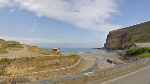 Crackington Haven. It is a beach with a cliff edge and the sea spotted in the distance.