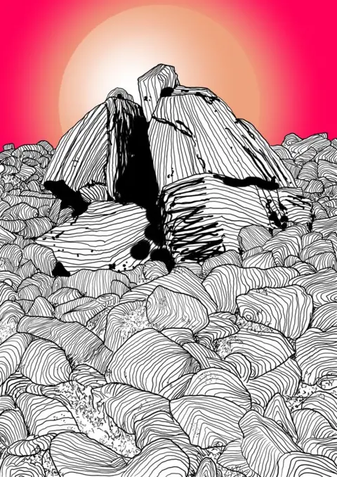 Alex Murdin The art work has a mass of lined rocks with White Tor emerging from them with a vivid pink and orange halo around them.