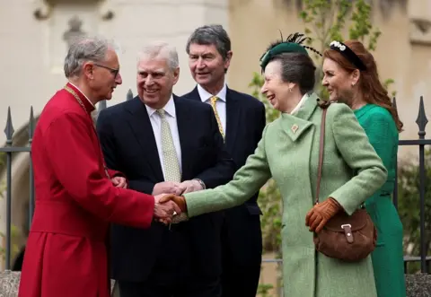 PA Media Prince Andrew, Princess Anne, Sir Timothy Laurence and Sarah Ferguson at the Easter church service