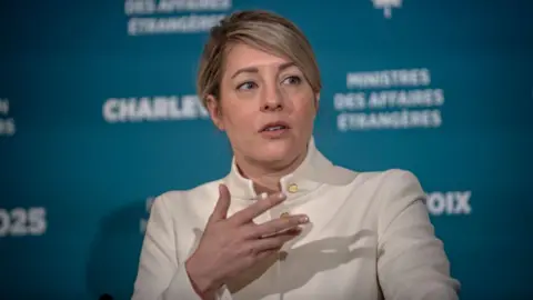 Canadian Minister of Foreign Affairs Melanie Joly talks to the press in closing remarks at the G7 Foreign Ministers Meeting  in La Malbaie, Canada. 