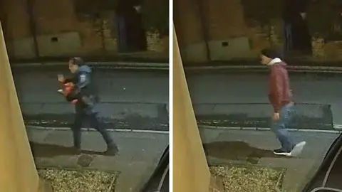 Essex Police Two CCTV images captured from the same camera in the same position. On the left, Richard Langley is visible, wearing a black jacket and jeans, walking to the left of shot, up a residential street at night. On the right is Horswill in a red hoodie and black beanie, walking in the same direction moments later