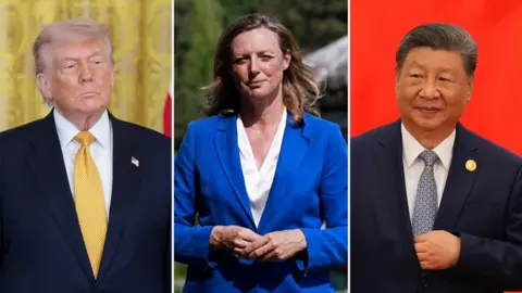 Split screen of Donald Trump wearing a suit and yellow tie on the left, BBC correspondent Laura Bicker wearing a blue blazer in the middle, and Xi Jinping wearing a suit and blue tie on the right