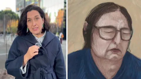 Composite image showing correspondent wearing navy wrap coat on the right and court sketch showing woman with glasses
