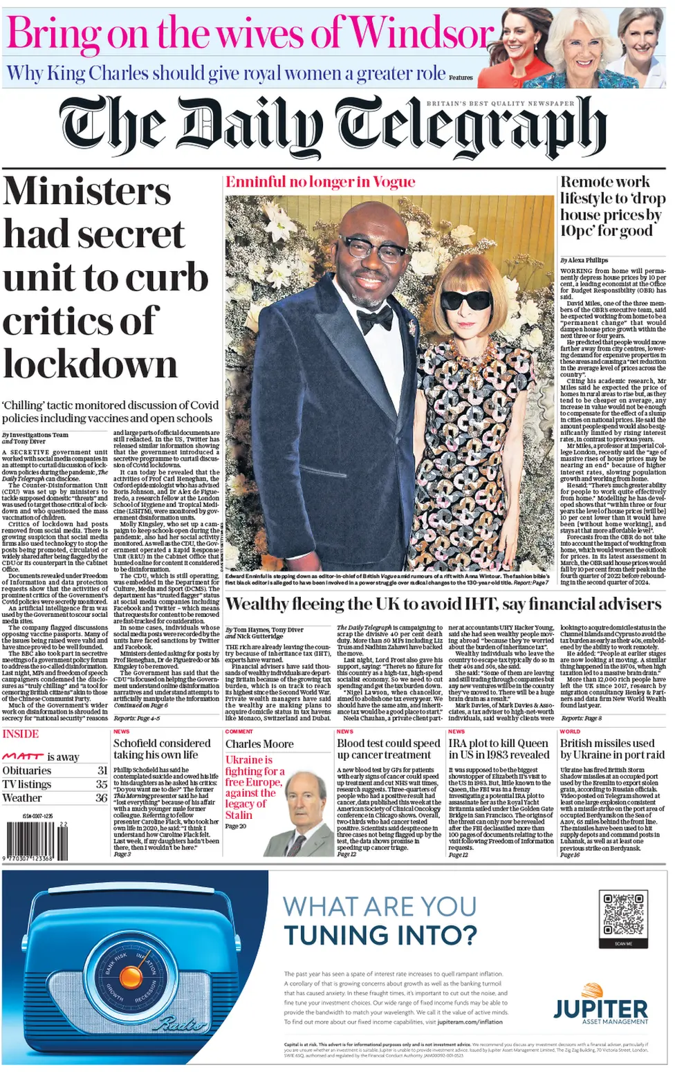 The front of Saturday's Daily Telegraph