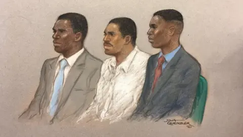 Julia Quenzler (L-R) Merse Dikanda, Jonathan Okigbo and George Koh appearing at the Old Bailey.