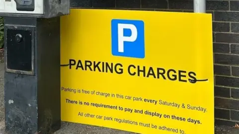 A yellow sign that reads: "Parking is free of charge in this car park every Saturday & Sunday. There is no requirement to pay and display on these days."