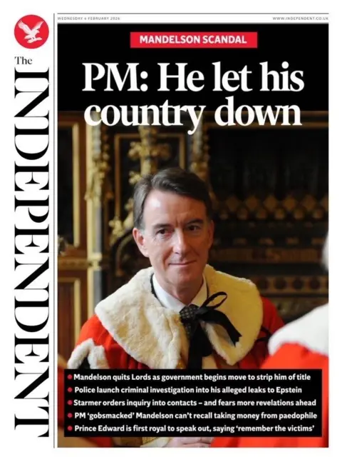"PM: He let his country down", reads the headline on the front page of the Independent.