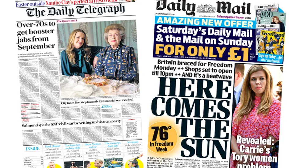 The Daily Telegraph and the Daily Mail front page 27 March 2021