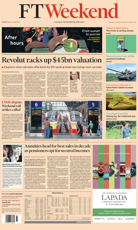 The headline on the front page of the Financial Times reads: "Revolut racks up $45bn valuation".