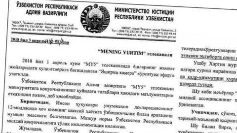 Uzbekistan Justice Ministry Official notice from the Uzbekistan Justice Ministry