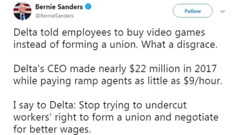 @BernieSanders @BernieSanders tweeted: "Delta told employees to buy video games instead of forming a union. What a disgrace. Delta's CEO made nearly $22 million in 2017 while paying ramp agents as little as $9/hour. I say to Delta: Stop trying to undercut workers' right to form a union and negotiate for better wages."