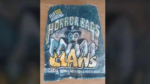 Chris Turner Packet of Smiths Horror Bags Claws, bacon flavour, with a cartoon image of a Dracula type figure