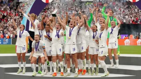 PA Media File photo of England's Ellen White and Jill Scott lift Women's Euro 2022 trophy