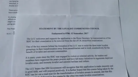A letter from the Loyalist Communities Council in support of the Red Hand Commando move