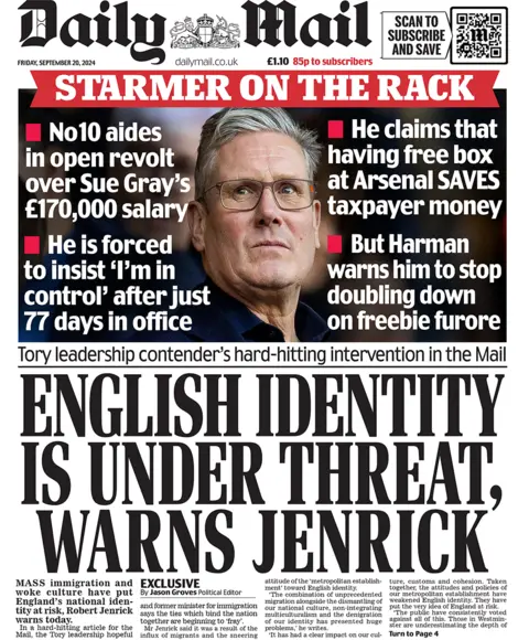 Daily Mail headlines "English individuality  is nether  menace  warns Jenrick"