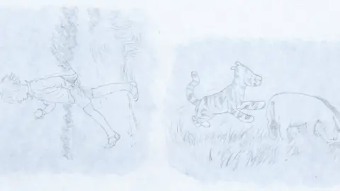 Peter Harrington A pencil sketch of Winnie the Pooh characters Christopher Robin who is walking, and of Tigger who is standing behind Eeyore.