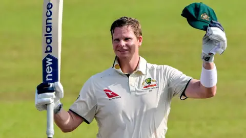 Australia's Steve Smith celebrates hitting a century against Sri Lanka in the second Test in Galle