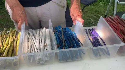 Sticks for sale, painted in yellow, white, blue, purple and red.