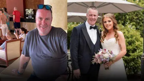 Warren Elder Two photos side by side show Warren Elder in a baggy t-shirt and resting on the arm of a sofa, at his heaviest weight on the left, while on the right he is seen 18 months later at his daughter's wedding, in a suit and with his daughter in a weeding dress at his side