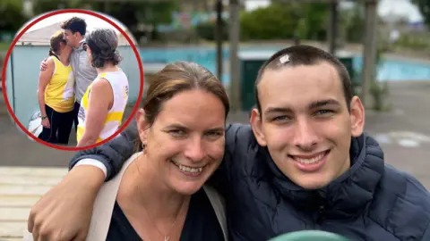 Kirsty has her arm round Elliot post surgery and another image at the top shows what Elliot looks like now, happy and encouraging his Mum.