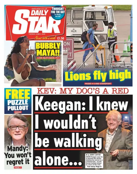"Kev: My doc's a red. Keegan: I knew I wouldn't be walking alone" reads the headline on the front page of the Daily Star.