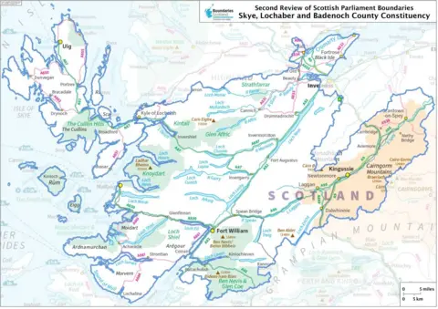 Boundaries Scotland A map of the Scottish Parliament constituency of Skye, Lochaber and Badenoch, illustrating how it spans the islands of Skye, Rum and Eigg and a swathe of the mainland running from the Morvern and Ardnamurchan peninsulas in the south up to the Black Isle in the north, and east as far as Grantown on Spey